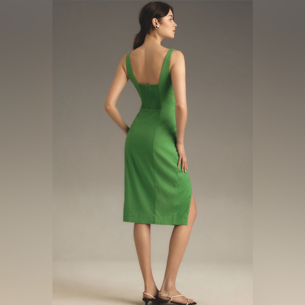 ✨ Anthropologie Sleeveless Square-Neck Linen Button Wrap Midi Dress Sz L - Picture 2 of 8